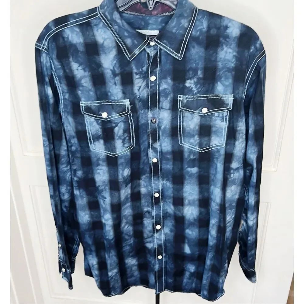 Johnston & Murphy Blue Acid Wash Pearl Snap Button Down Shirt Slim Fit Large